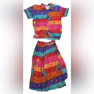 Vintage Avocado Brand Colorful Printed Sleeveless Skirt Set Medium